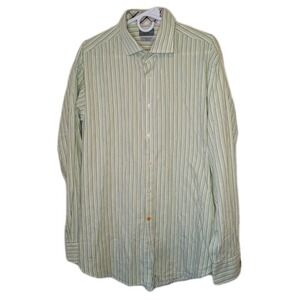 Thomas Dean Men's XL Green Striped Dress Shirt Cotton Long Sleeve Button Up EUC